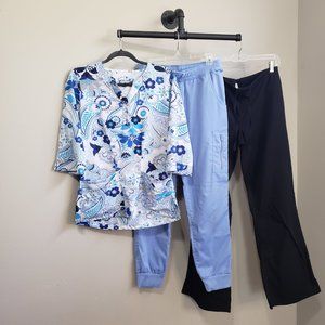 UA Butter-soft Stretch Floral Scrub Top + 2 Scrub Pants Bundle Ceil Blue Black S
